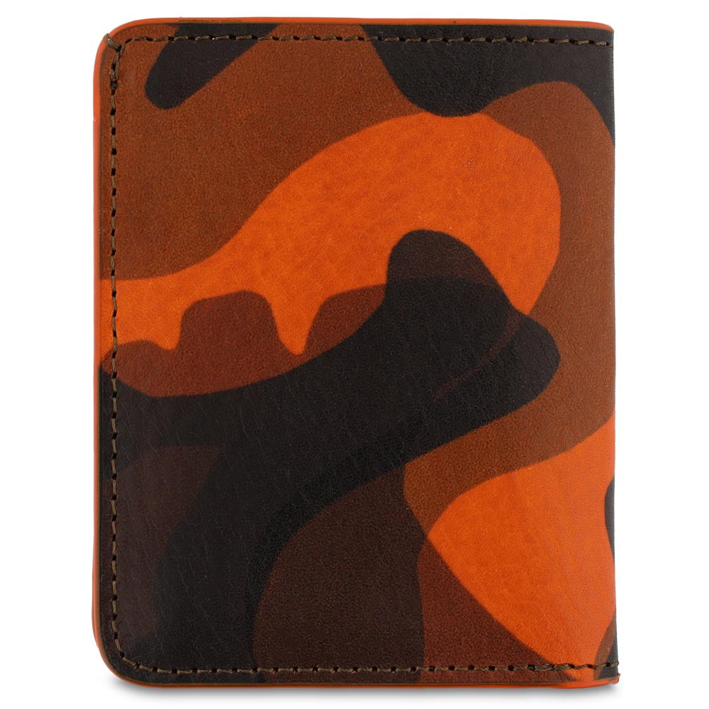 Orange camouflage leather slim wallet. Handmade in Portugal from Italian vegetable tanned leather. With ESCUYER branding inside. Camouflage-patterned wallet with brown, black, and orange colors.