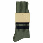 Men's striped crew socks in khaki and blue, slub cotton, made in Portugal by Escuyer