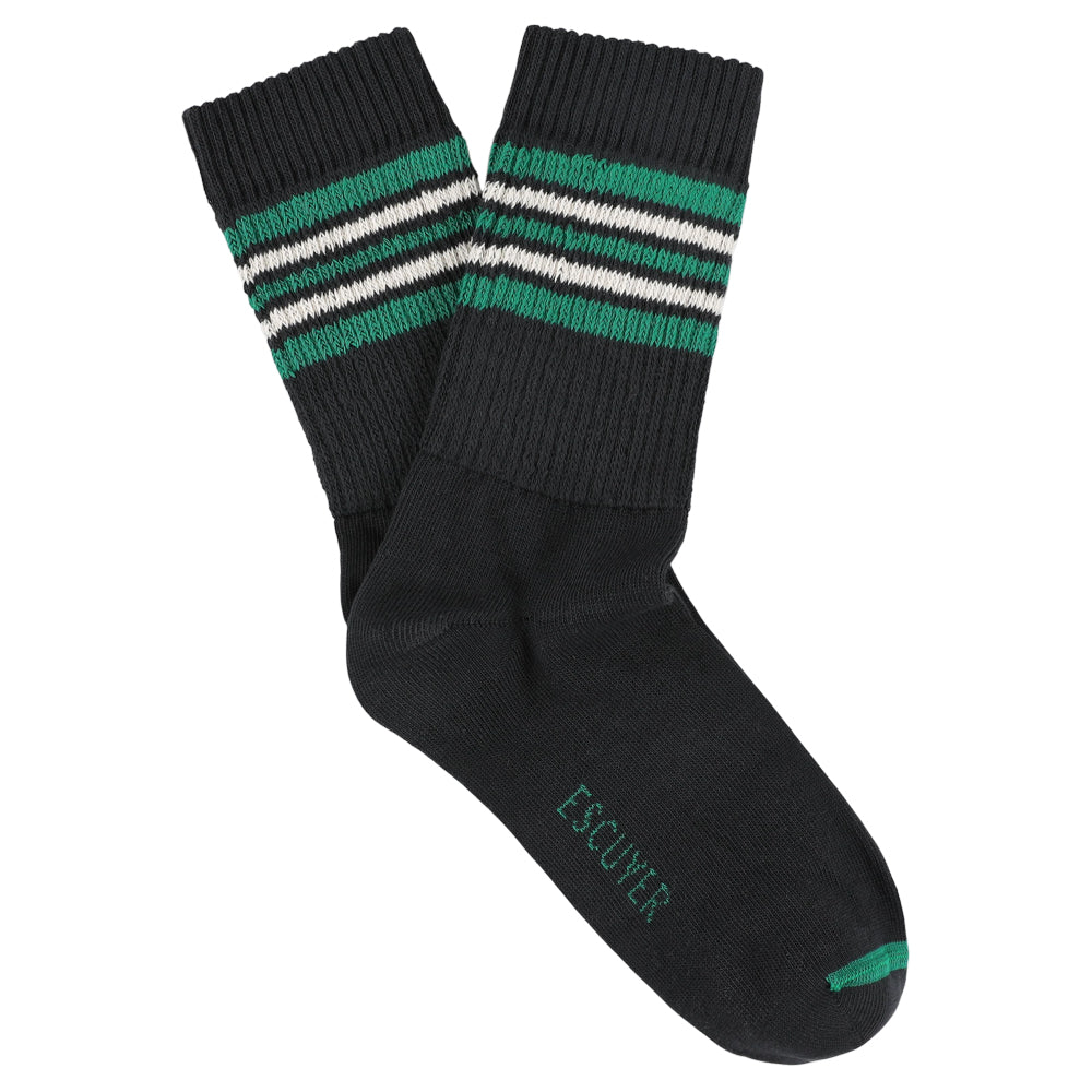 Escuyer Women's 5 Stripes Socks in black, green and ecru — vintage athletics design, knitted on vintage machines in Portugal
