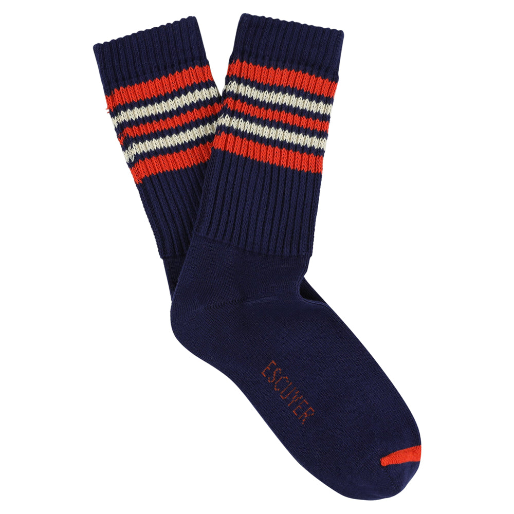 Escuyer Women's 5 Stripes Socks in blue, orange and ecru — vintage athletics design, knitted on vintage machines in Portugal