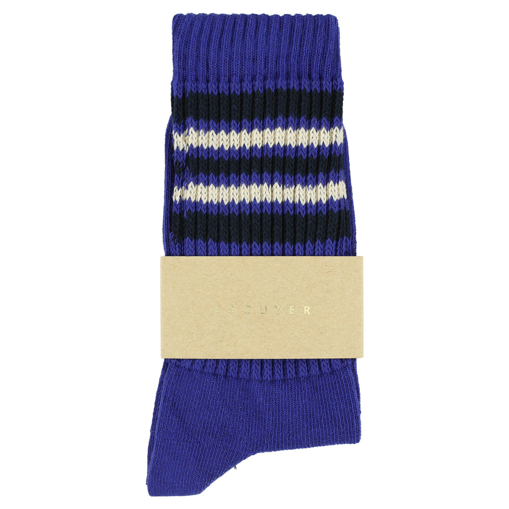 Escuyer Women's 5 Stripes Socks bright blue ecru navy — hand-linked toe, soft Italian cotton yarn, made in Portugal