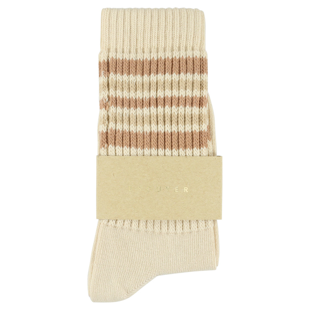 Escuyer Women's 5 Stripes Socks bright ecru pink — hand-linked toe, soft Italian cotton yarn, made in Portugal