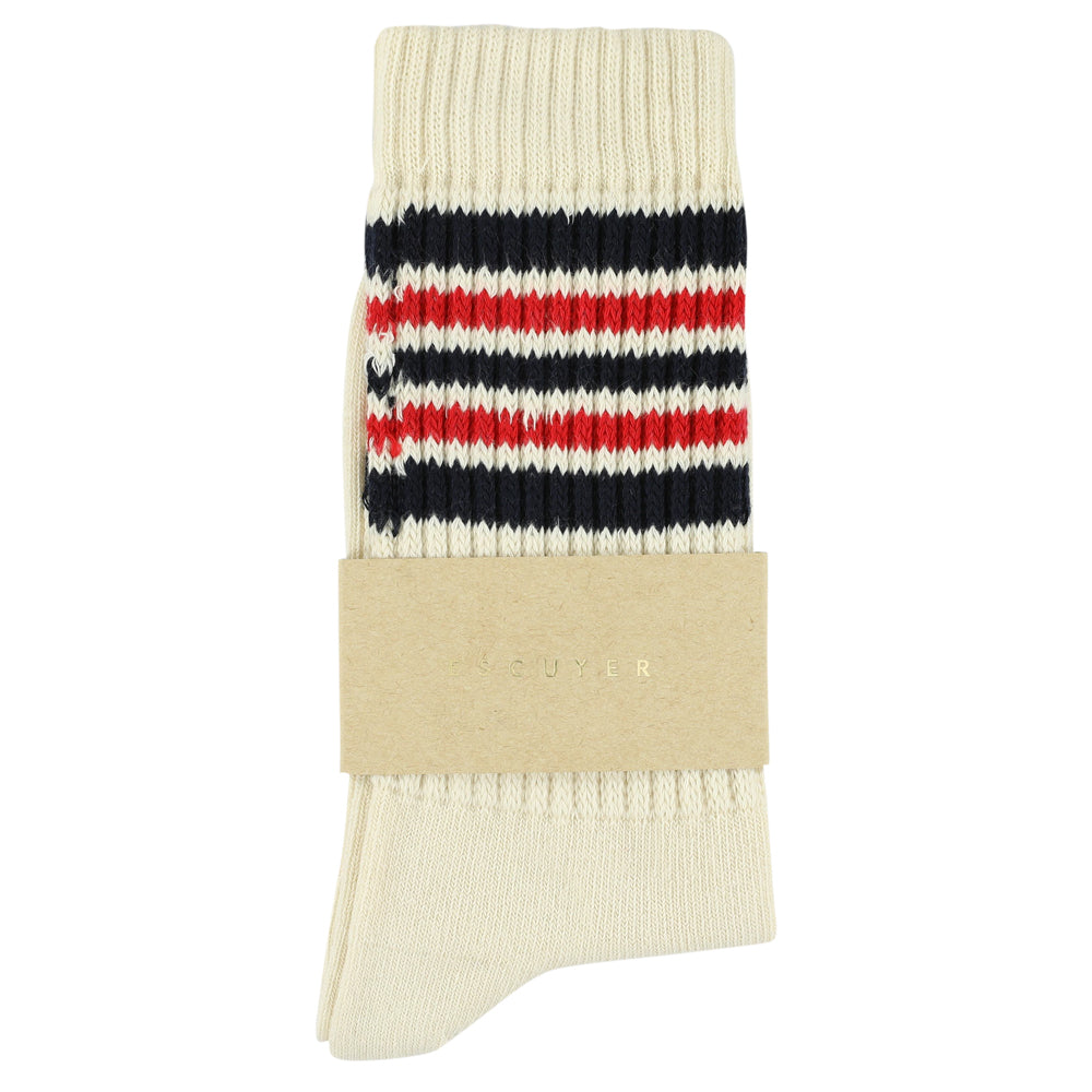 Escuyer Women's 5 Stripes Socks ecru blue red — hand-linked toe, soft Italian cotton yarn, made in Portugal