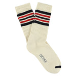 Escuyer Women's 5 Stripes Socks in ecru, blue and red — vintage athletics design, knitted on vintage machines in Portugal