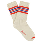Escuyer Women's 5 Stripes Socks in ecru, orange and blue — vintage athletics design, knitted on vintage machines in Portugal