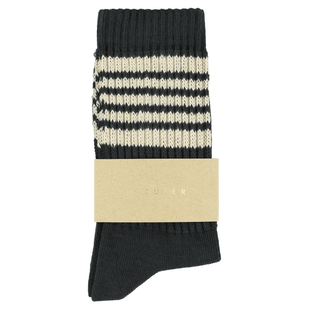 Escuyer Women's 5 Stripes Socks off black ecru — hand-linked toe, soft Italian cotton yarn, made in Portugal