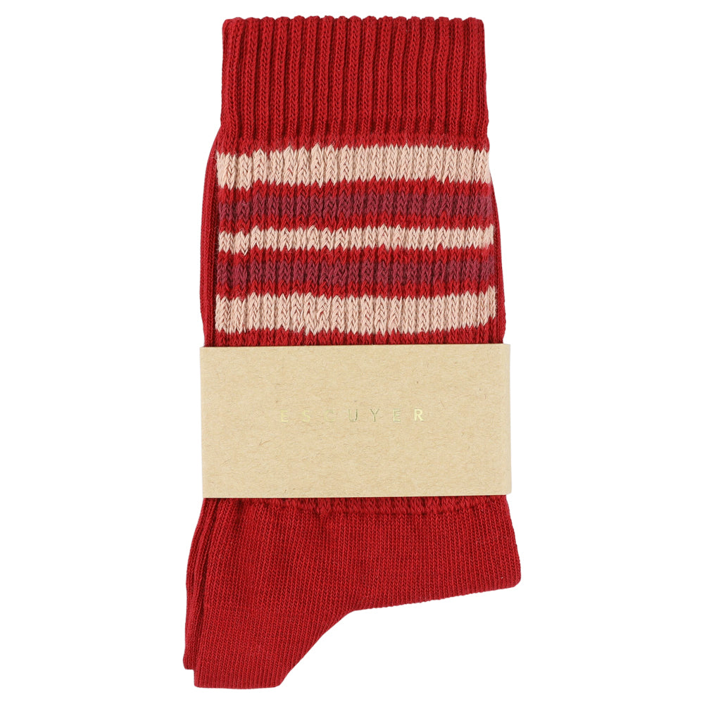 Escuyer Women's 5 Stripes Socks red pink bordeaux — hand-linked toe, soft Italian cotton yarn, made in Portugal