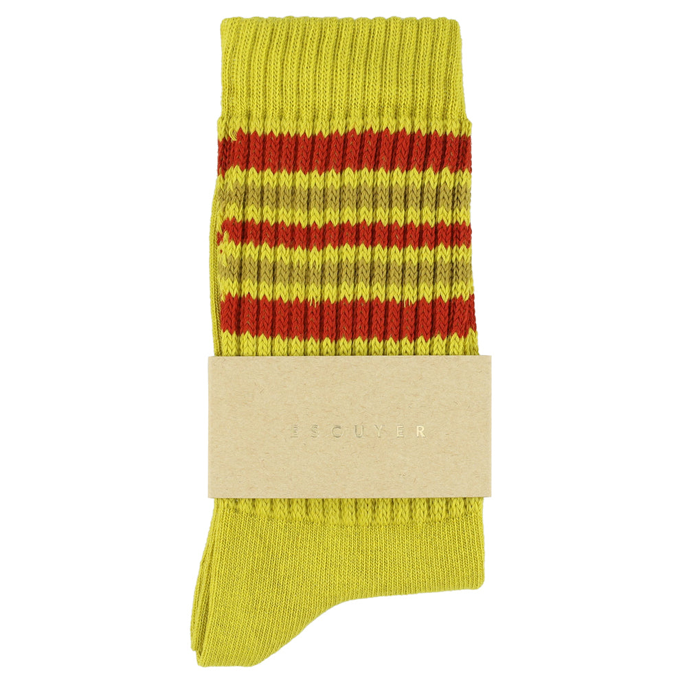 Escuyer Women's 5 Stripes Socks yellow red — hand-linked toe, soft Italian cotton yarn, made in Portugal