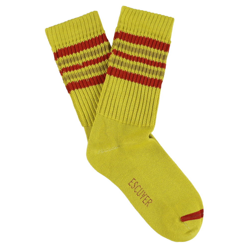 Escuyer Women's 5 Stripes Socks in yellow and red — vintage athletics design, knitted on vintage machines in Portugal