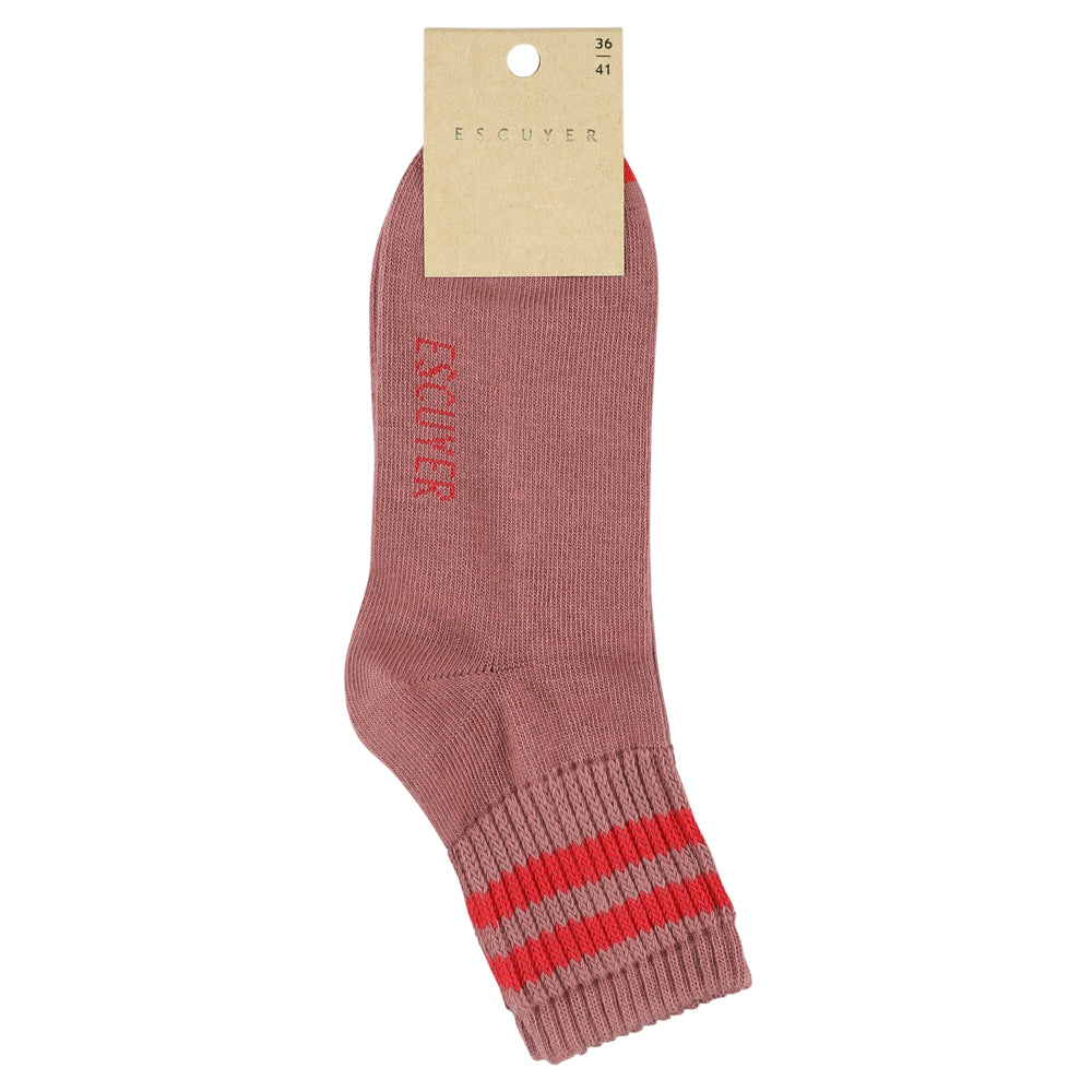 Close-up of Escuyer Women Striped Ankle Socks Dark Rose / Red — romantic bold stripe at the cuff