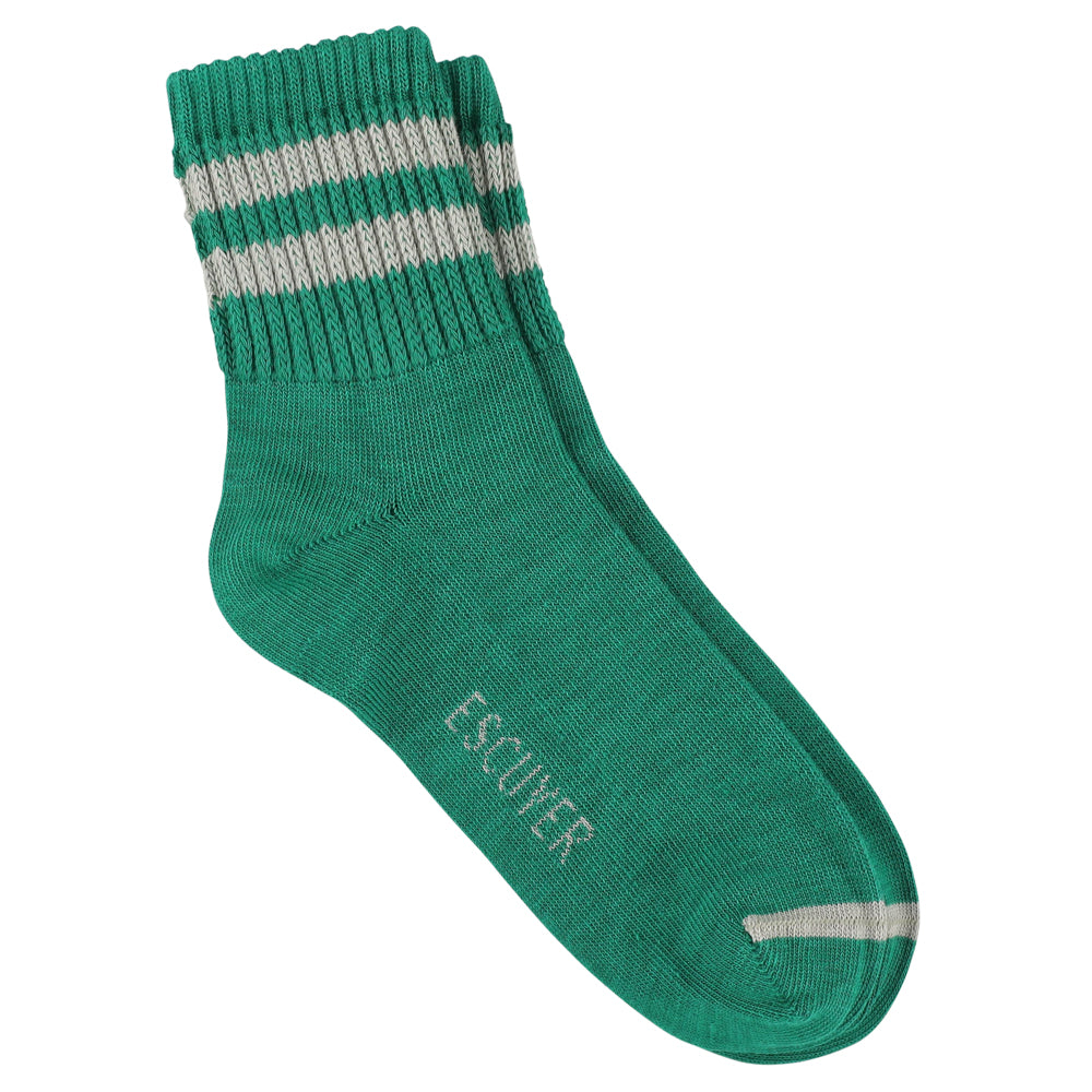 Escuyer Women Striped Ankle Socks in Green and Grey — cotton blend, hand-linked toe, made in Portugal
