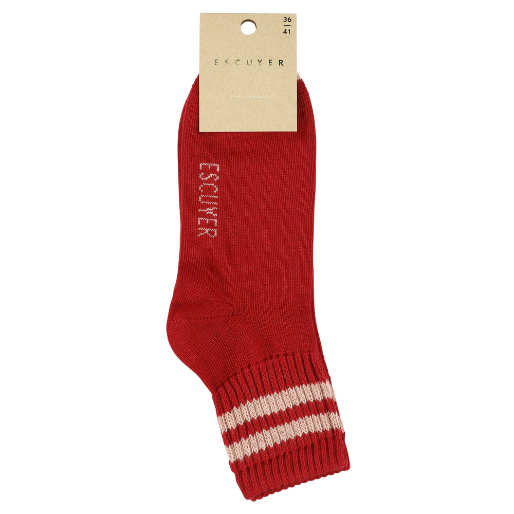 Close-up of Escuyer Women Striped Ankle Socks Red / Pink — bold meets delicate stripe at the cuff
