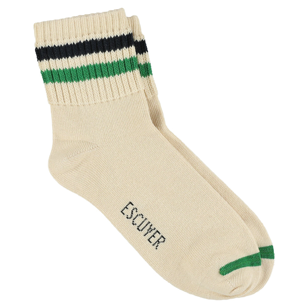 Escuyer Women Striped Ankle Socks in Ecru, Blue and Green — cotton blend, hand-linked toe, made in Portugal