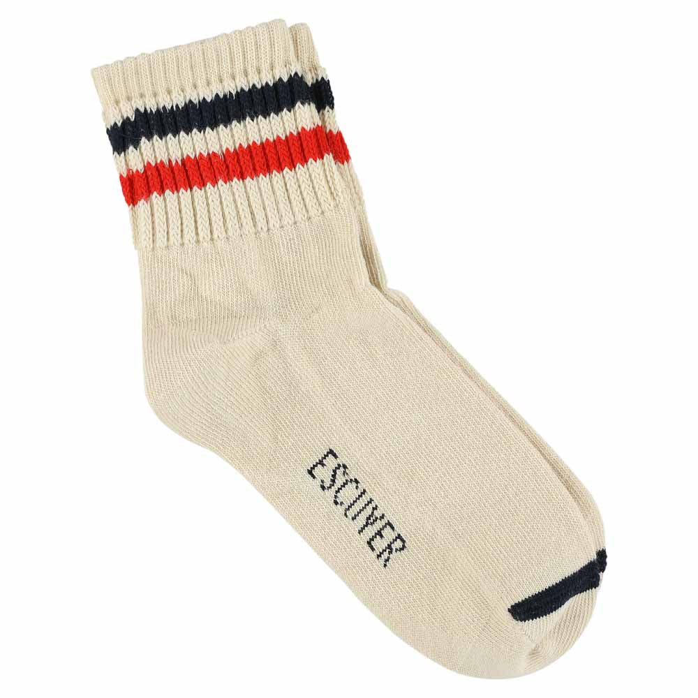 Escuyer Women Striped Ankle Socks in Ecru, Blue and Orange — cotton blend, hand-linked toe, made in Portugal