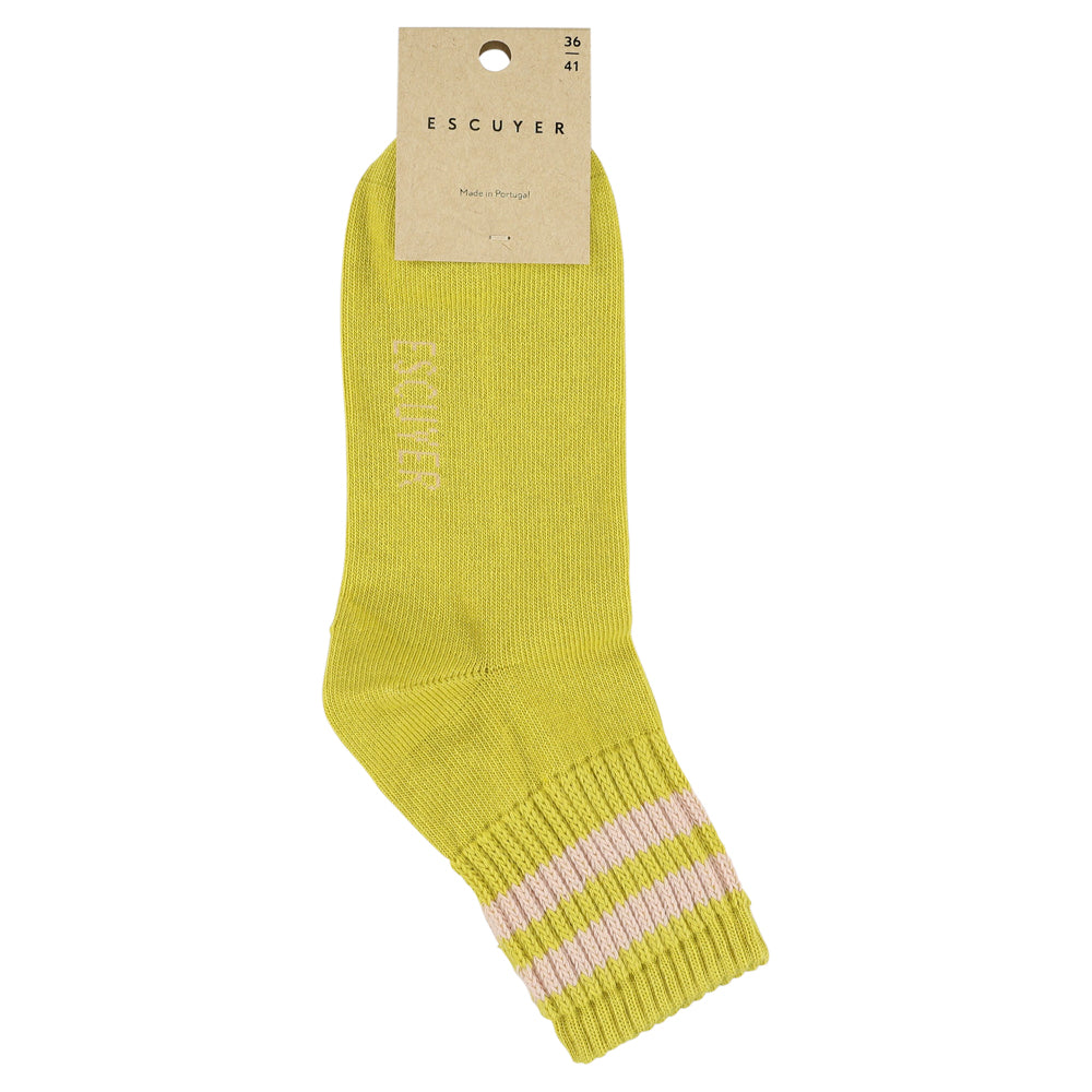 Close-up of Escuyer Women Striped Ankle Socks Yellow / Pink — bright warm stripe at the cuff