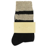 Close-up of Escuyer Black / Beige women's striped cashmere socks — 10% cashmere, 38% virgin wool, GRS certified recycled polyamide