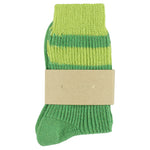 Close-up of Escuyer Golf Green / Lime women's striped cashmere socks — 10% cashmere, 38% virgin wool, GRS certified recycled polyamide