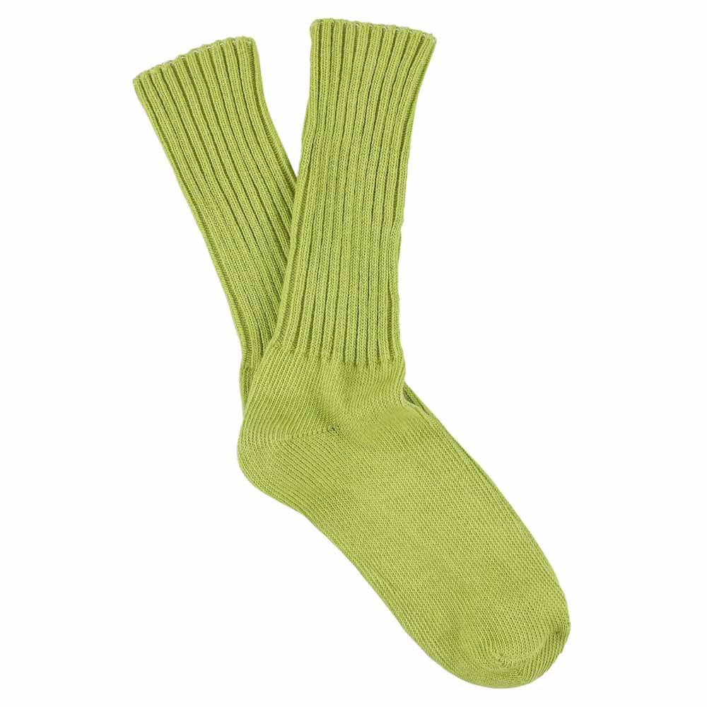 Women's ribbed crew socks in green banana, slub cotton, made in Portugal by Escuyer