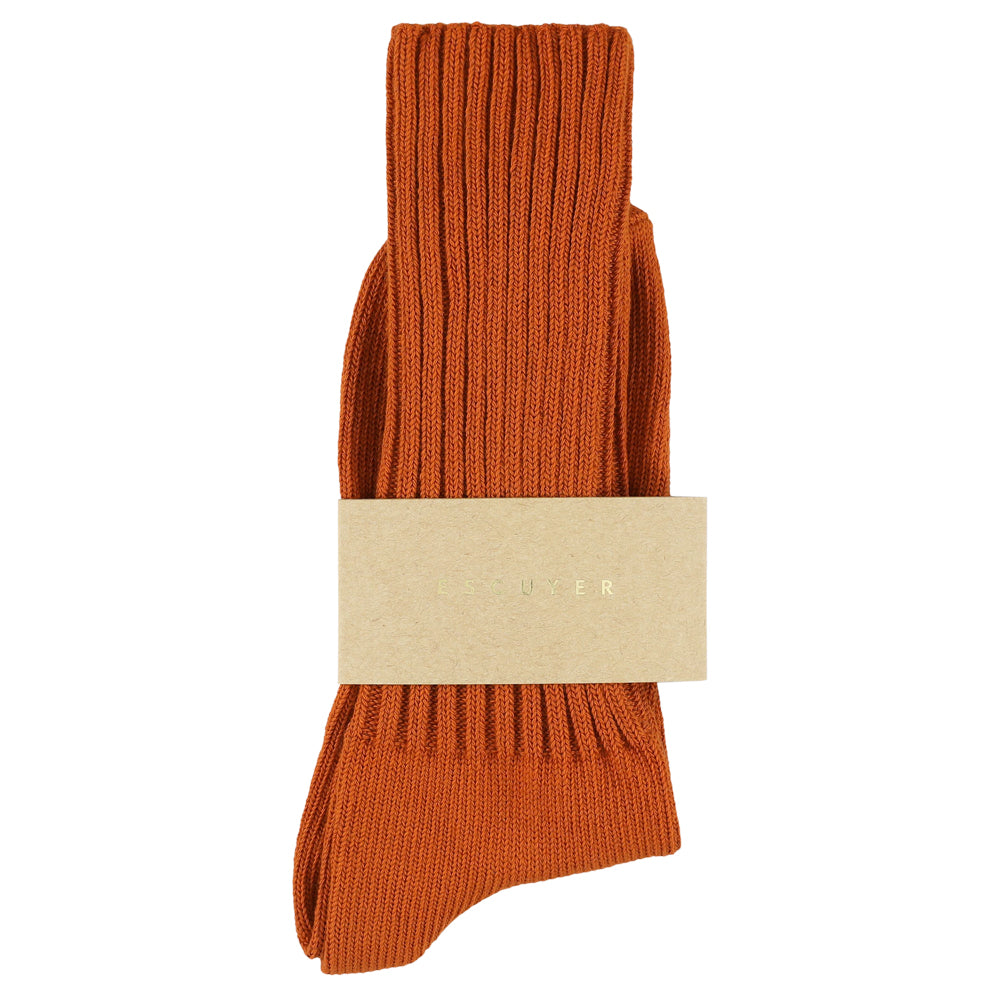 Women's ribbed crew socks in dark orange, slub cotton, made in Portugal by Escuyer