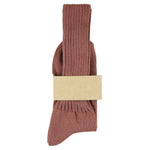 Women's ribbed crew socks in dark pink, slub cotton, made in Portugal by Escuyer