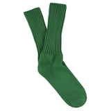 Women's ribbed crew socks in juniper green, slub cotton, made in Portugal by Escuyer