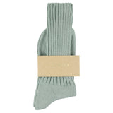 Women's ribbed crew socks in light blue, slub cotton, made in Portugal by Escuyer