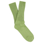 Women's ribbed crew socks in light green, slub cotton, made in Portugal by Escuyer