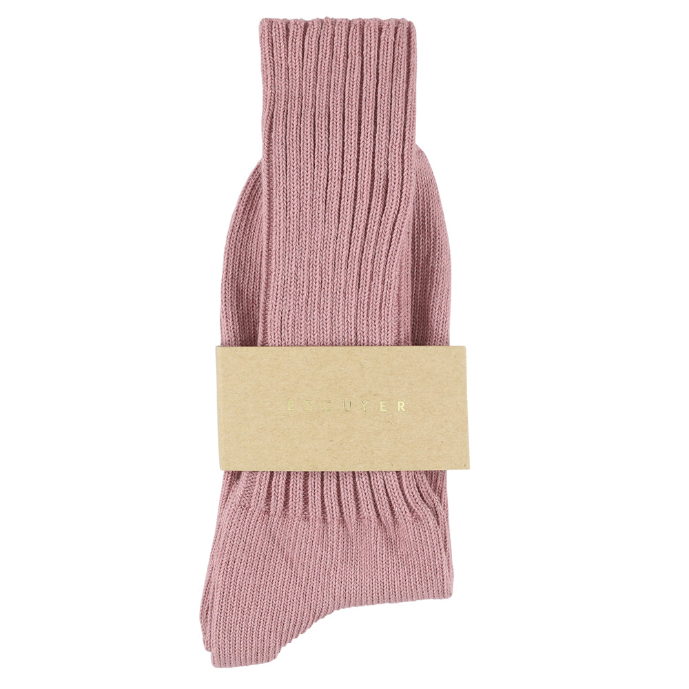 Women's ribbed crew socks in rose, slub cotton, made in Portugal by Escuyer