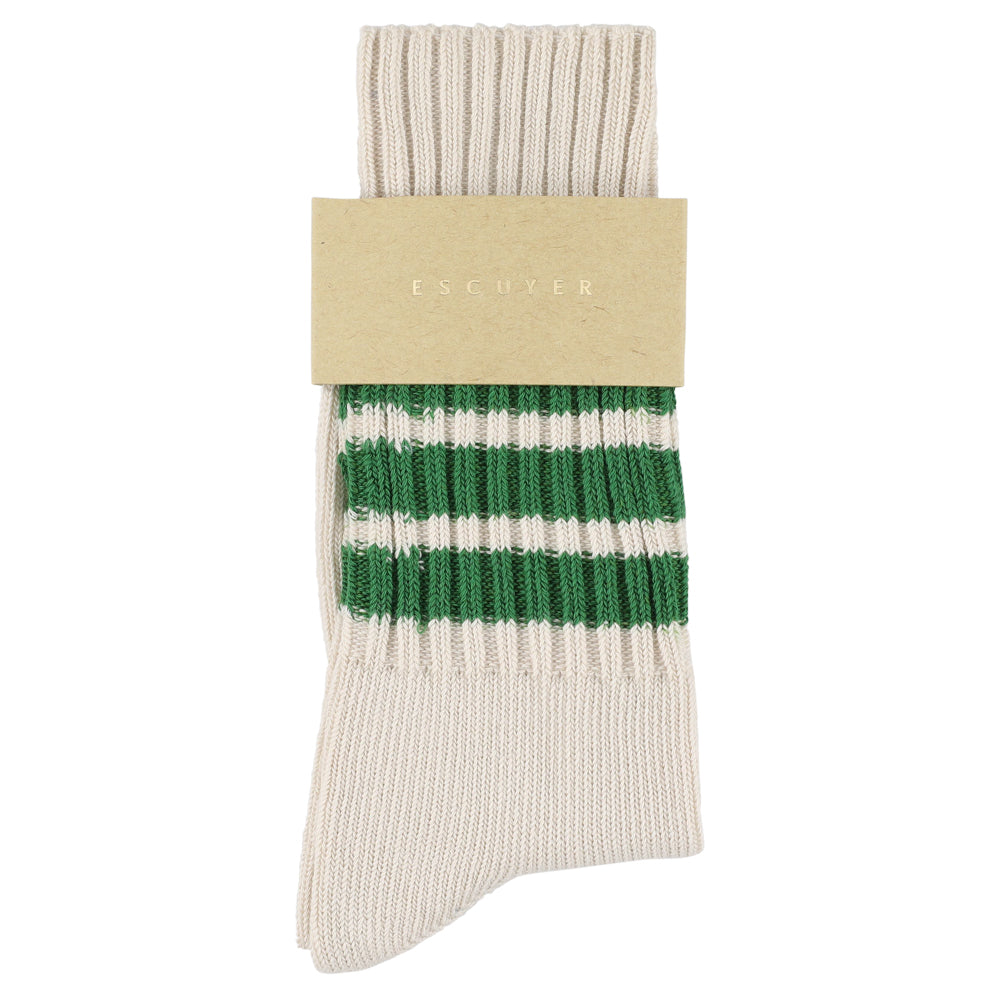 Women's striped crew socks in ecru and green, slub cotton, made in Portugal by Escuyer