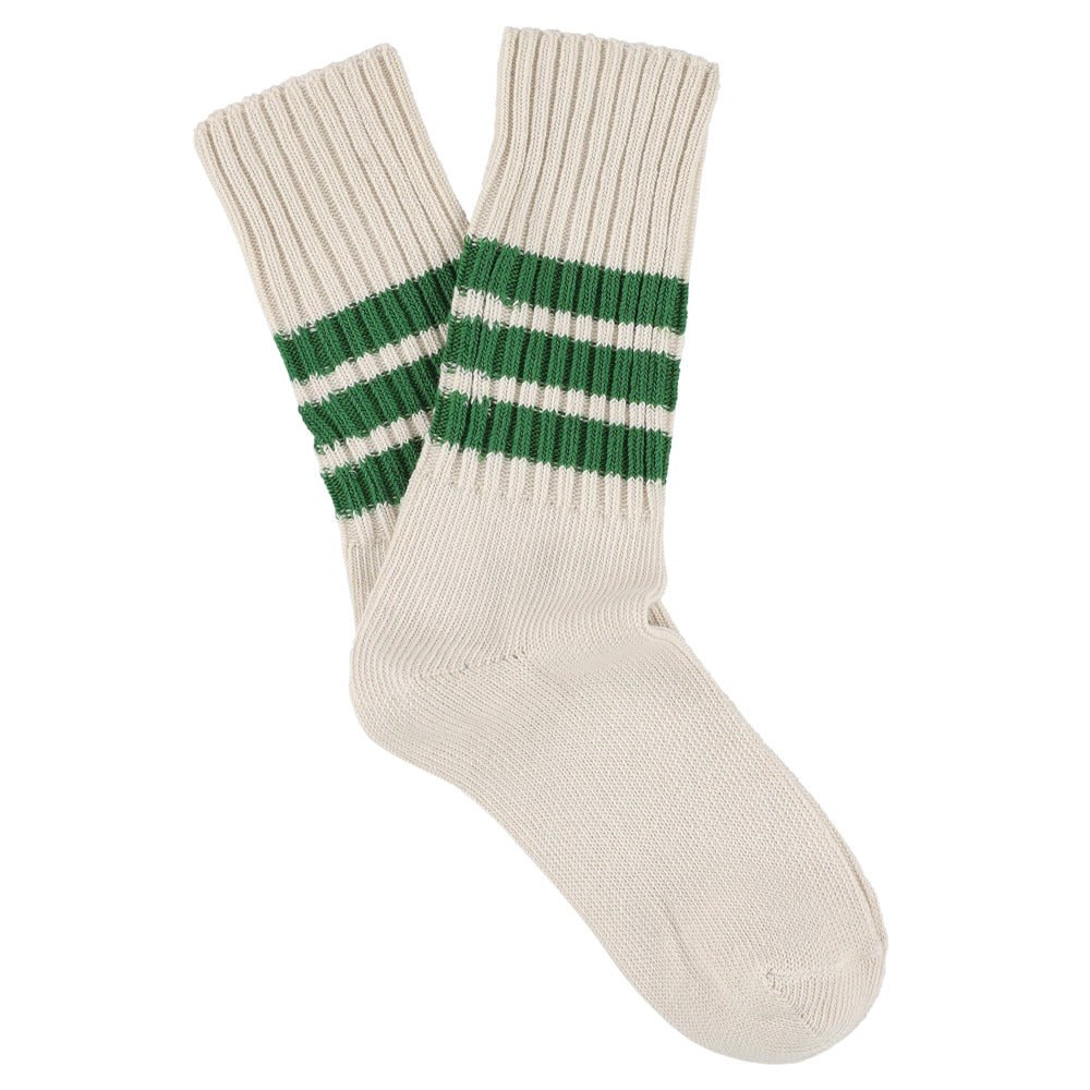 Beige sock with green and white stripes on a white background