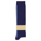 Close-up of Escuyer blue and light blue combed cotton knee high socks with hand-linked toe