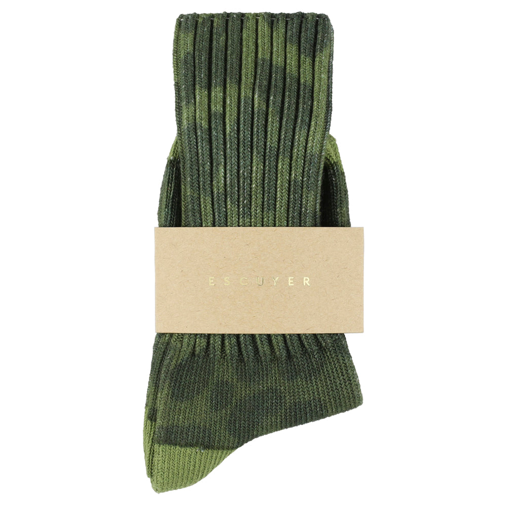 Women's leopard print crew socks in green, slub cotton, made in Portugal by Escuyer