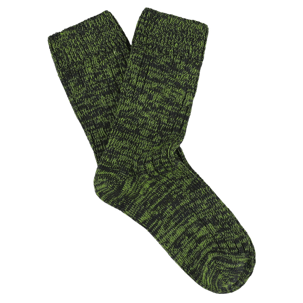 Women's off-black and green flash melange crew socks by Escuyer, slub-knit combed cotton, made in Portugal