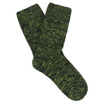 Women's off-black and green flash melange crew socks by Escuyer, slub-knit combed cotton, made in Portugal