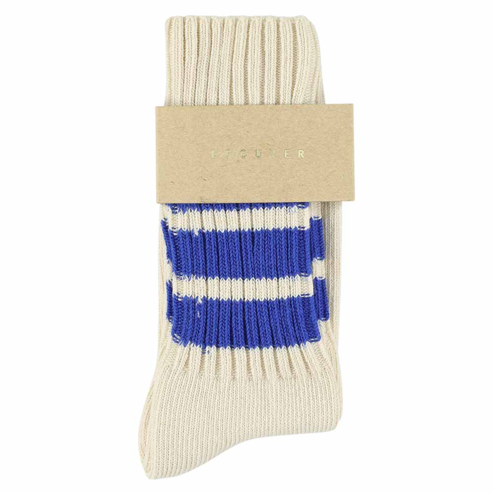 Women Stripes Crew Socks - Ecru / Bright Blue - Escuyer