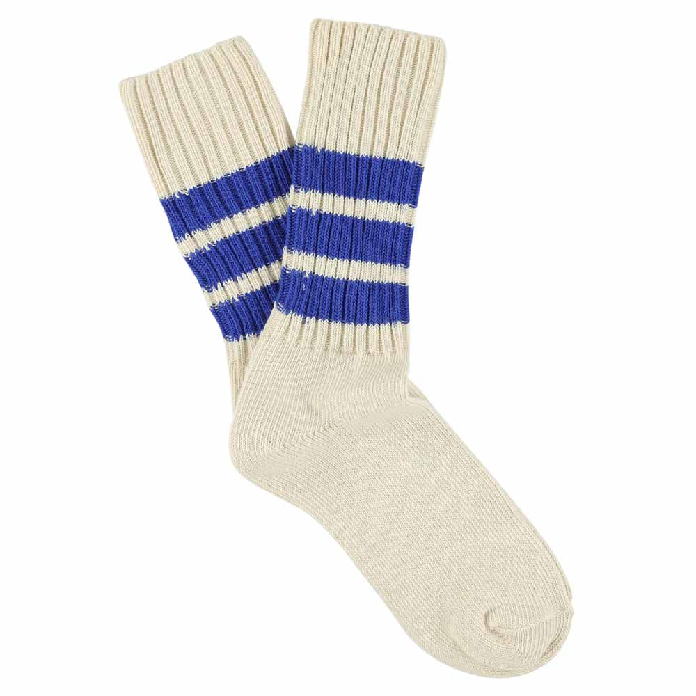 Women Stripes Crew Socks - Ecru / Bright Blue - Escuyer