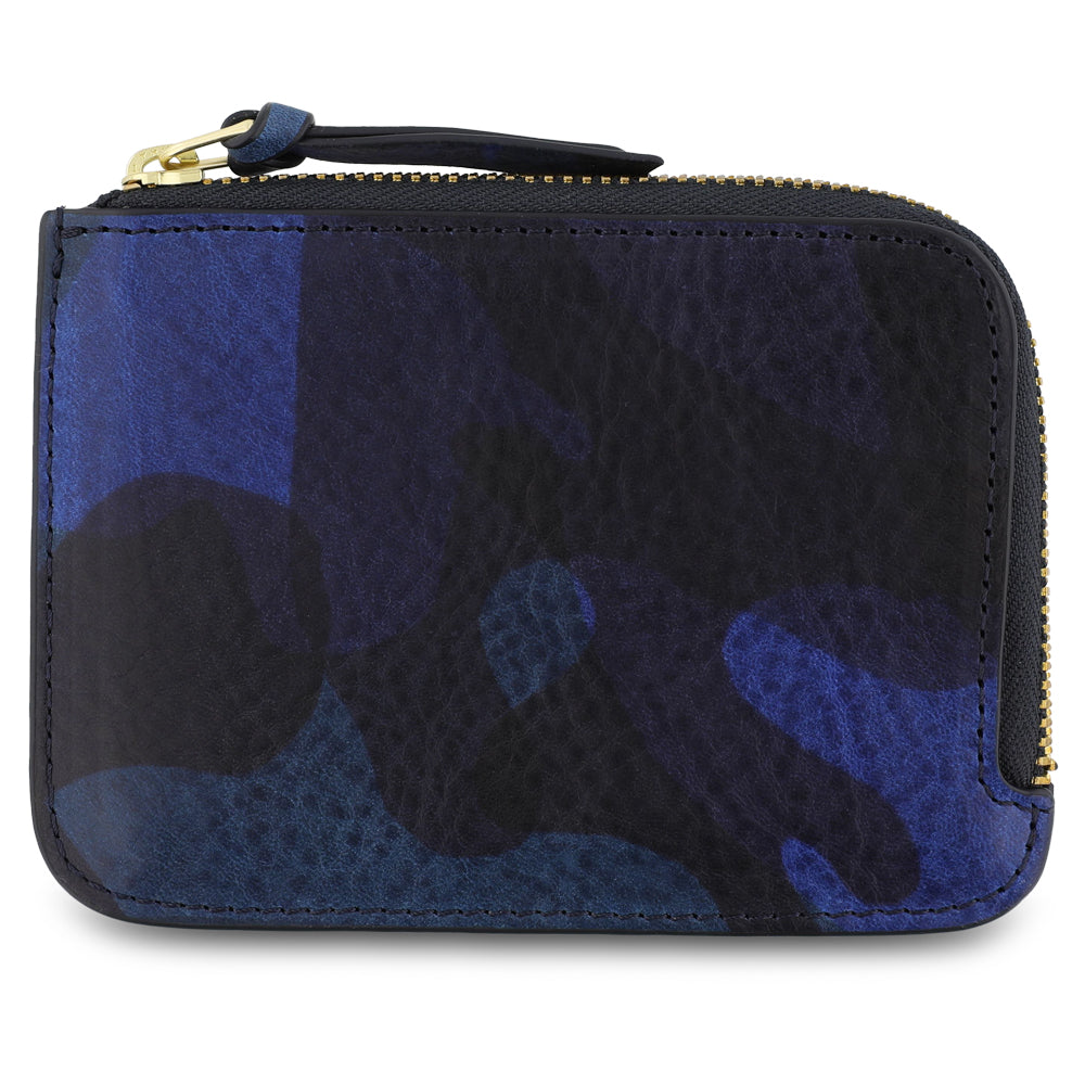 Blue camouflage wallet with gold zipper, handmade in Portugal from Italian vegetable leather goods