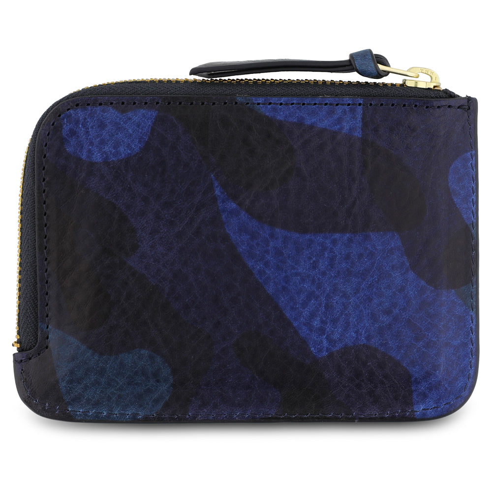 Blue camouflage wallet with gold zipper, handmade in Portugal from Italian vegetable leather goods