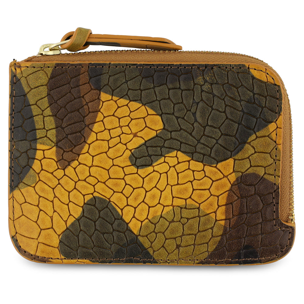 Escuyer crocodile camouflage zip wallet showing croc emboss texture over hand-dyed camo pattern