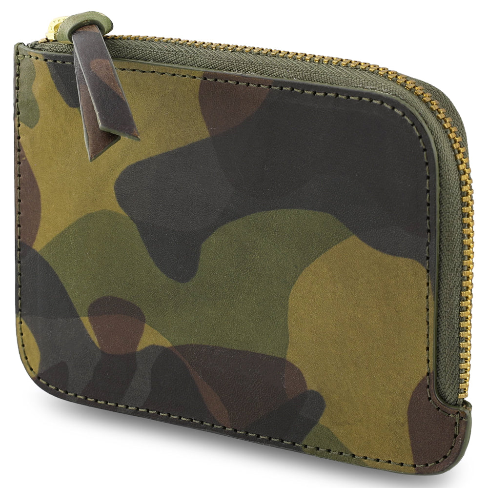 Escuyer light green camouflage zip wallet — hand-dyed Italian veg-tan leather, front view