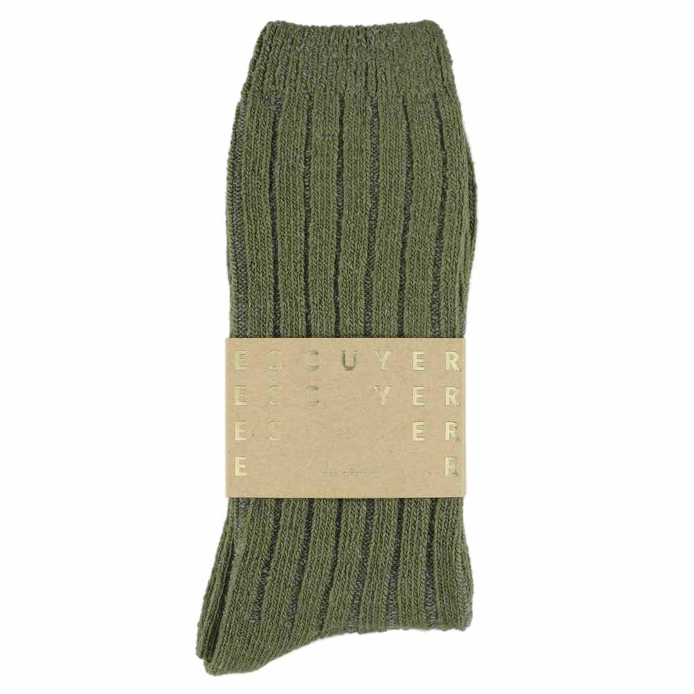 Close-up of Escuyer Khaki cashmere crew socks showing soft knit texture — 10% cashmere, 38% virgin wool, GRS certified recycled polyamide