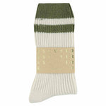 Close-up of Escuyer Ecru / Khaki striped cashmere socks — 10% cashmere, 38% virgin wool, GRS certified recycled polyamide
