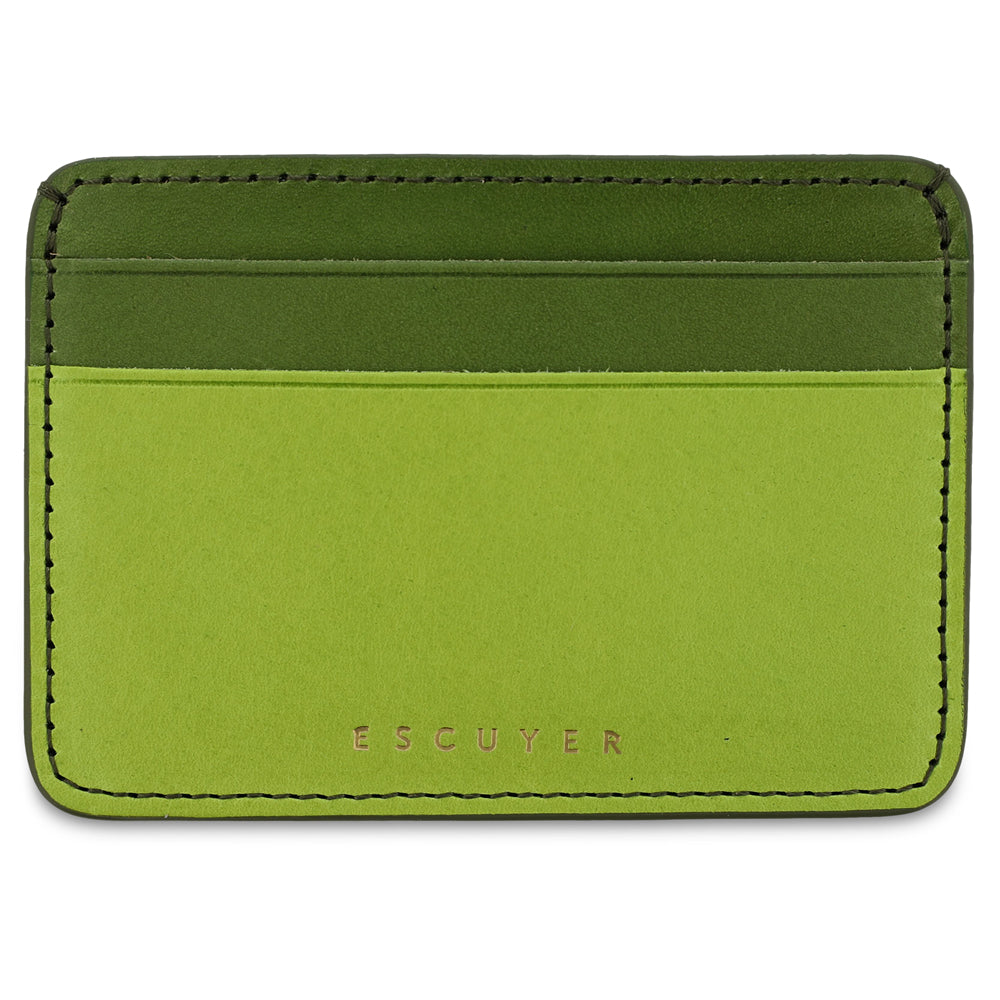 Escuyer leather cardholder in clorofilla and lime — clorofilla front body, lime card pockets and back