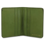 Escuyer clorofilla and lime slim wallet open — 6 card slots in natural leather interior