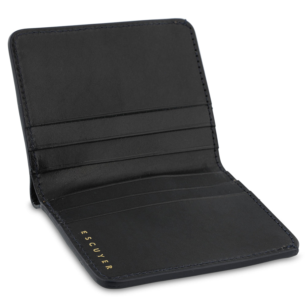 Escuyer marine and navy slim wallet showing bill sleeve in natural leather interior