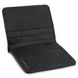 Escuyer marine and navy slim wallet showing bill sleeve in natural leather interior