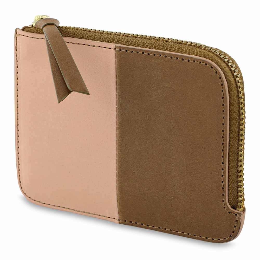 Escuyer pink and safari zip wallet — vertical colour-block exterior, pink left, safari right