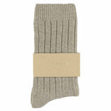 Close-up of Escuyer Beige women's cashmere crew socks — 10% cashmere, 38% virgin wool, GRS certified recycled polyamide