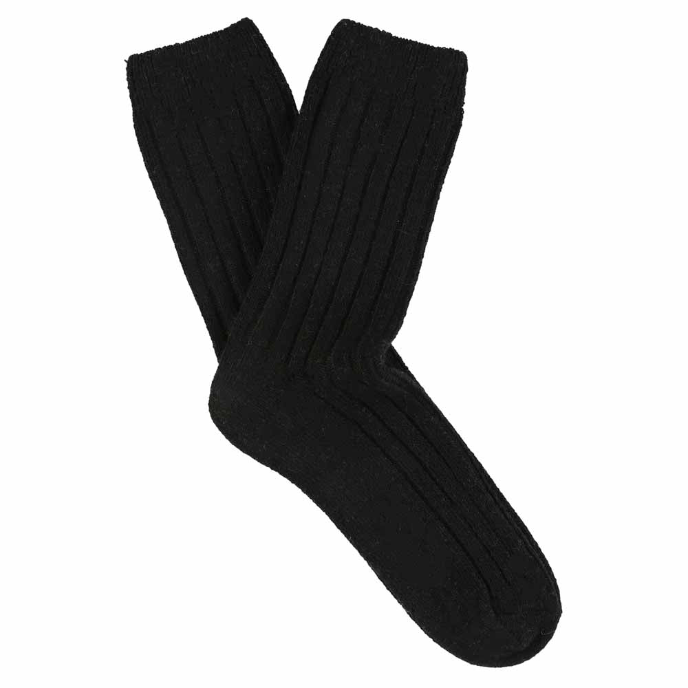 A pair of black cashmere crew socks for women, showing a ribbed texture and heel area.