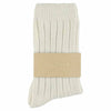 A pair of women's ecru cashmere crew socks with a brand tag attached to the ankle.